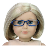 An 18-inch American Girl Doll wearing blue rectangle glasses with clear lenses