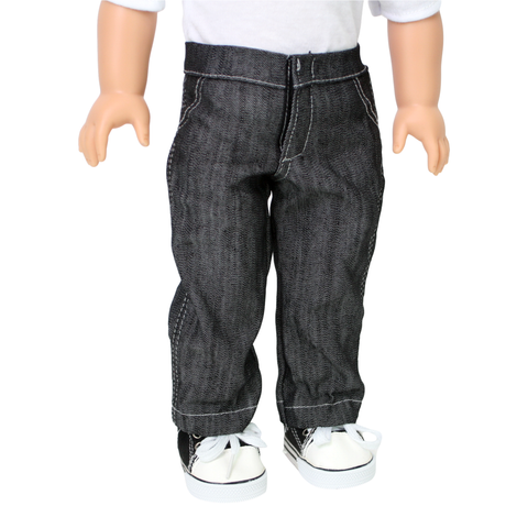 18-inch doll wearing dark washed denim jeans.