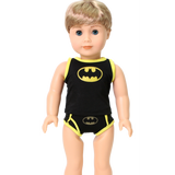 An 18-inch doll wearing a black and yellow two-piece knit underwear set with a Batman-style logo.