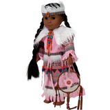 An 18-inch doll wearing a Native American-inspired pink faux suede dress with beading and fur trim, including a matching headband and a dream catcher.