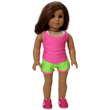 Three-piece sporty workout outfit for 18" dolls, featuring a bright pink tank top, lime green shorts with pink trim, and a white sports bra.