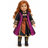 An 18-inch doll with long red hair, wearing a black-and-purple dress with gold trim, a brown sash, and black boots with gold patterns, shown against a plain white background.