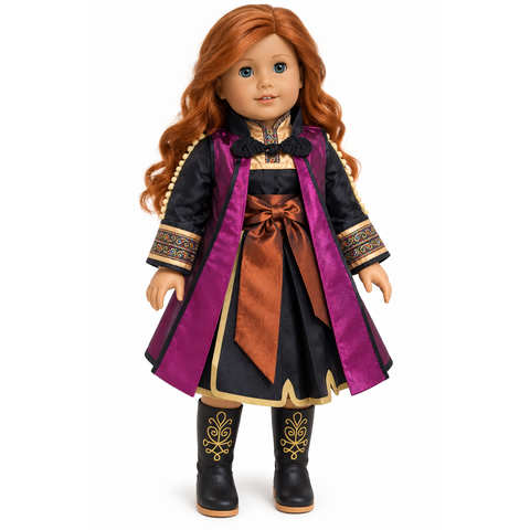 An 18-inch doll with long red hair, wearing a black-and-purple dress with gold trim, a brown sash, and black boots with gold patterns, shown against a plain white background.