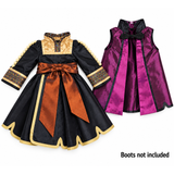Anna Frozen 2 inspired princess outfit for 18-inch dolls with black and gold dress, copper sash and purple cape
