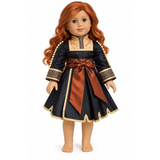 An 18-inch doll with long red hair wearing a black and gold dress with a brown sash, photographed against a plain white background.