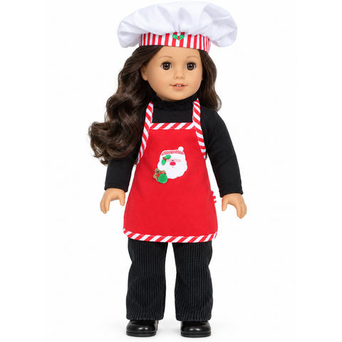 18-inch doll wearing a red Santa Christmas apron with candy-cane striped trim and matching white chef hat.