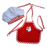 A Red Santa Christmas apron with candy-cane striped trim and matching white chef hat for 18-inch dolls..