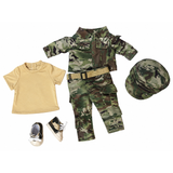 18-inch doll camouflage military outfit including a tan T-shirt, camouflage cargo pants, matching jacket, military hat, belt, and camouflage shoes