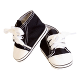 Black tennis shoe sneakers with white laces for 18-inch doll, casual doll footwear accessory.