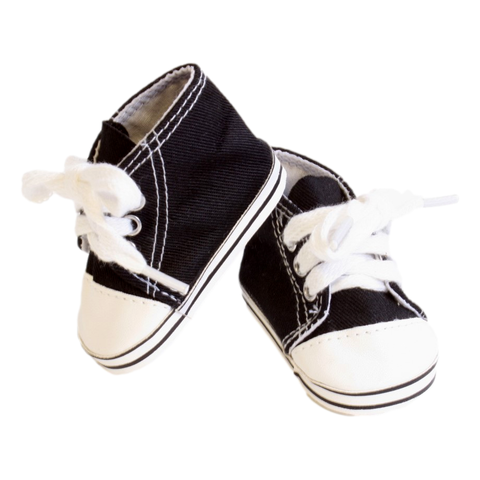 Black tennis shoe sneakers with white laces for 18-inch doll, casual doll footwear accessory.