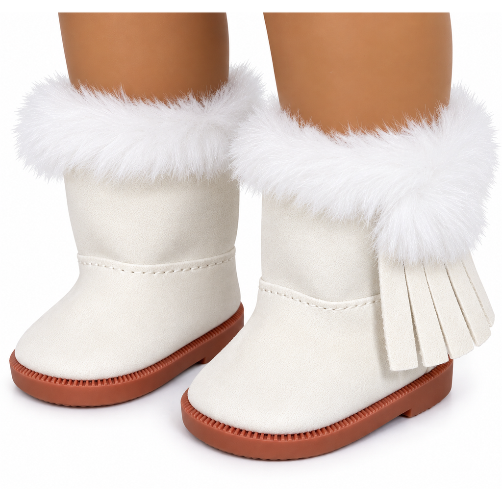 A pair of off-white faux suede ankle boots with fluffy white faux fur trim and fringe details, shown on an 18-inch doll's legs against a white background.
