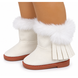 Ivory fur-trimmed boots for 18-inch dolls with fluffy white cuffs, side tassel fringe, and brown soles.