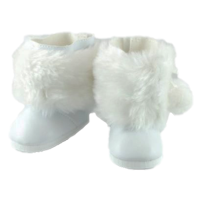 White doll boots with a wide fur cuff and tassel accents, designed to fit 18-inch dolls.