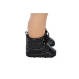 Close-up side view of black lace-up winter boots with textured soles displayed on the feet of an 18-inch doll against a white background.