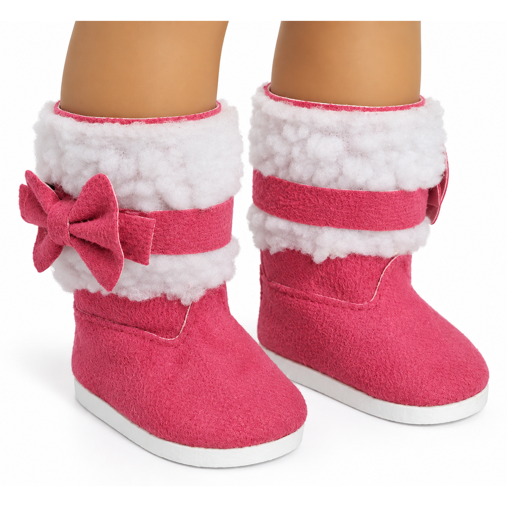 Hot Pink fur-trimmed boots with bow accents and white soles designed to fit 18-inch dolls.