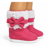 Hot Pink fur-trimmed boots with bow accents and white soles designed to fit 18-inch dolls.