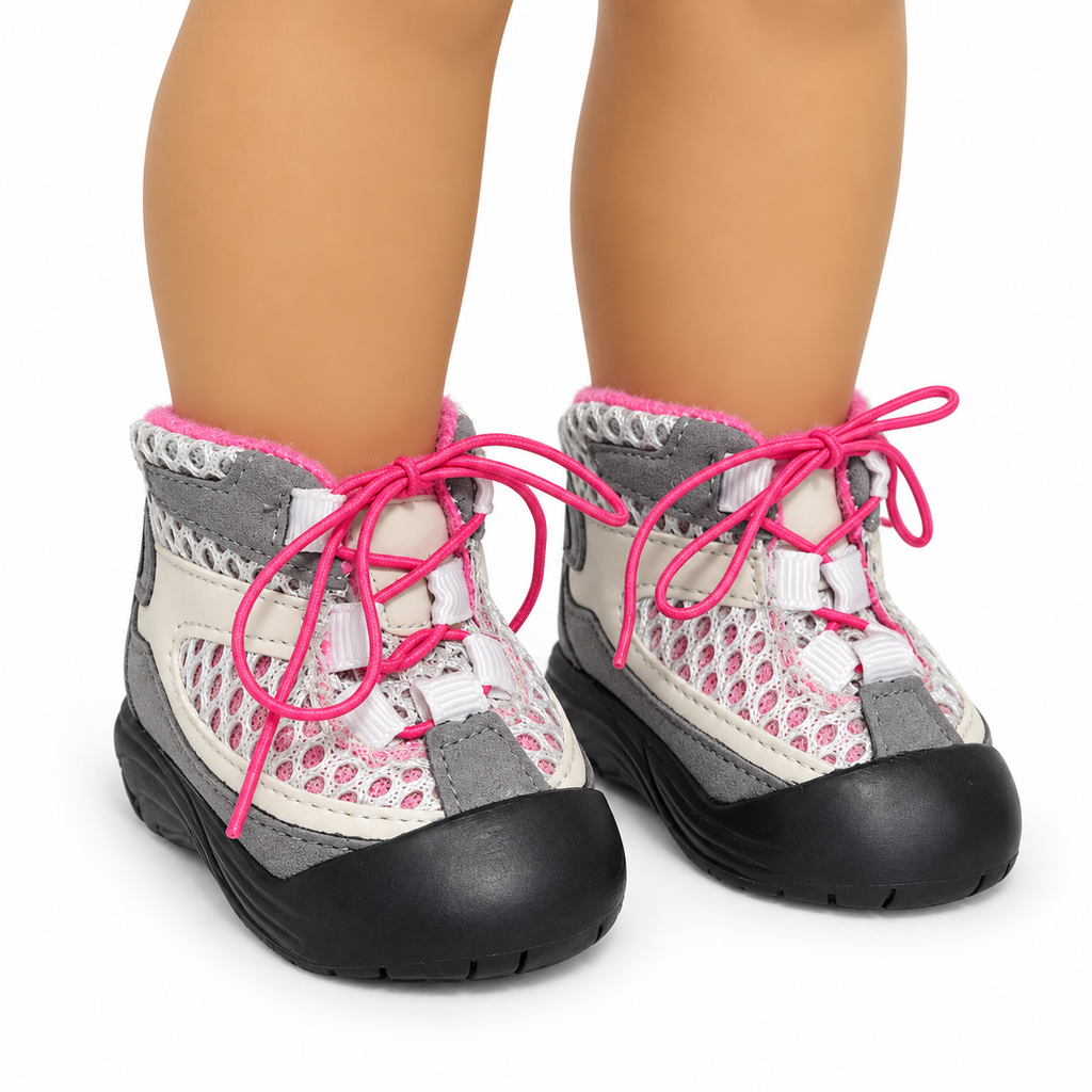 Gray, cream, and white mesh hiking boots with bright pink laces and black soles displayed on an 18-inch doll.