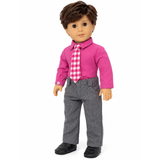 An 18-inch boy doll with brown hair wearing a bright magenta long-sleeve shirt, a magenta and white gingham tie, gray wool trousers, and black shoes, standing against a plain white background. 