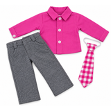 An 18-inch doll three-piece clothing set featuring a magenta long-sleeve button-up shirt, dark gray wool pants, and a magenta-and-white gingham tie, laid out on a white background. The set does not include shoes.