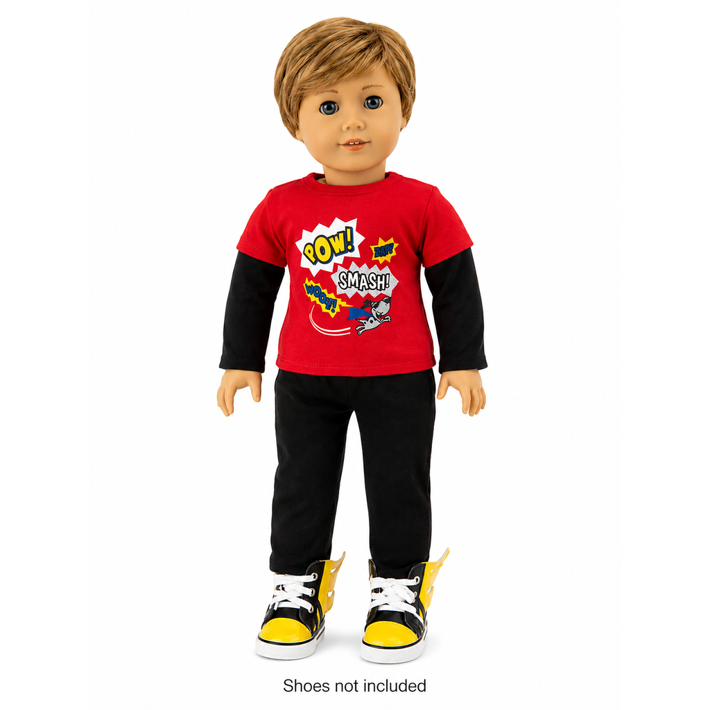 18-inch Doll wearing a red and black outfit with a superhero-themed shirt