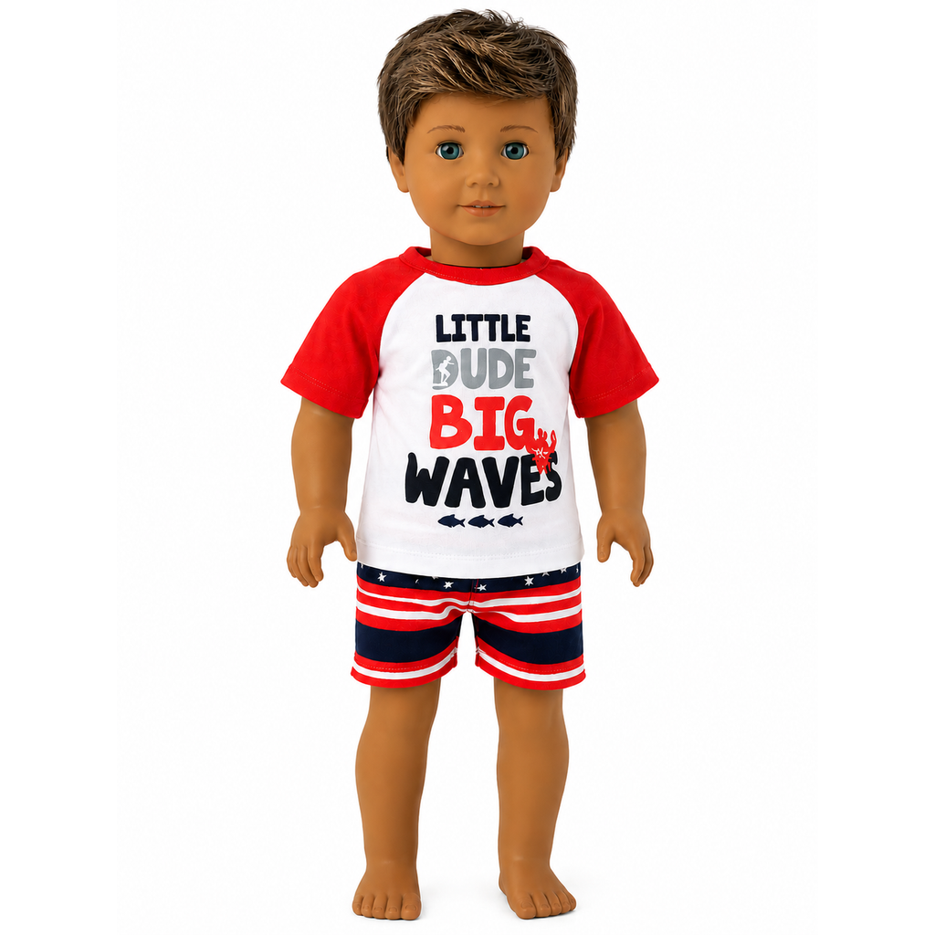18-inch boy doll wearing a rash guard with "Little Dude, Big Waves" and red, white, and blue swim trunks.