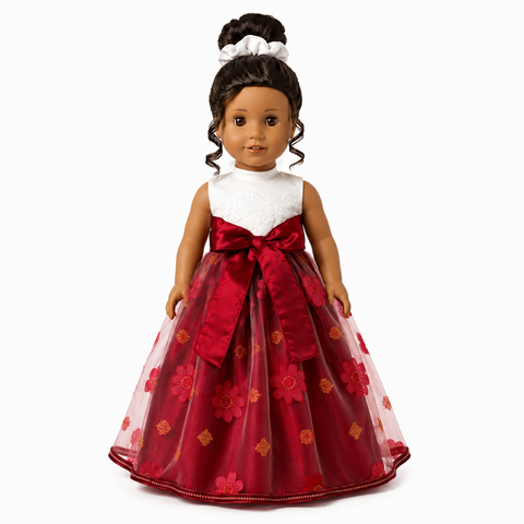 18-inch doll wearing a burgundy and gold floral ball gown with a cream lace bodice, layered full skirt, and large burgundy satin bow.