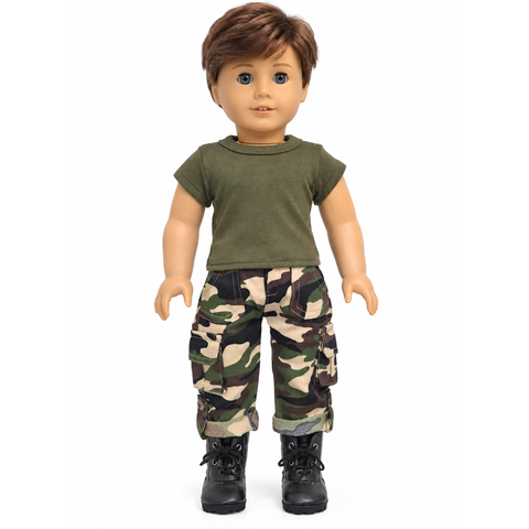 Green Army Camo Outfit for 18-inch dolls with olive green T-shirt and camouflage cargo pants