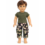 Green Army Camo Outfit for 18-inch dolls with olive green T-shirt and camouflage cargo pants
