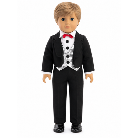 An 18-inch doll with light brown hair wearing a formal black tuxedo with a white shirt, a silver-patterned vest, and a red bow tie, shown against a plain white background.