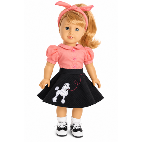 Maryellen-inspired poodle skirt reproduction outfit for 18-inch dolls with coral pink blouse, black poodle skirt, headband, white socks and saddle shoes.