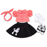 Maryellen-inspired poodle skirt reproduction outfit for 18-inch dolls with coral pink blouse, black poodle skirt, headband, white socks and saddle shoes.