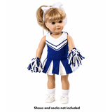 Royal blue and white 3-piece cheerleading outfit for 18-inch dolls with dress, coordinating panties and pom-poms. Shoes and socks not included