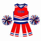 Red, white, and blue cheerleader outfit for 18-inch dolls featuring a TEAM cheer top, matching pleated skirt, and patriotic red, white, and blue pom-poms