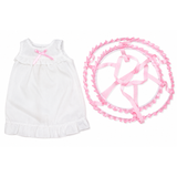 a white cotton chemise and pink crinoline hoop skirt undergarment set for 18-inch dolls
