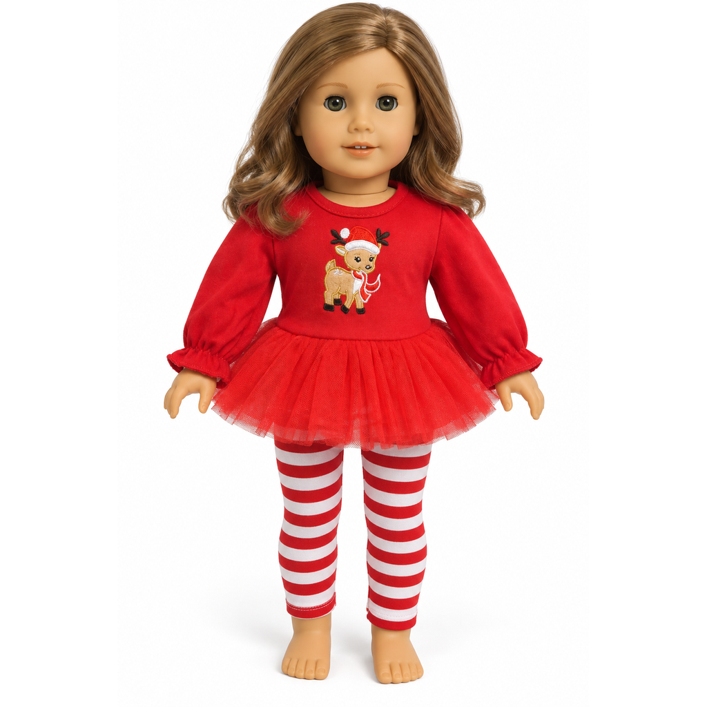 An 18-inch doll with long light brown hair wearing a festive holiday outfit consisting of a bright red long-sleeve top with a reindeer appliqué, a matching red tutu skirt, and red and white striped leggings, shown against a plain white background.