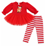 An 18-inch doll's Christmas outfit set featuring a red long-sleeve dress with a tutu skirt and a festive embroidered reindeer on the chest, paired with red-and-white striped leggings, on a solid white background.