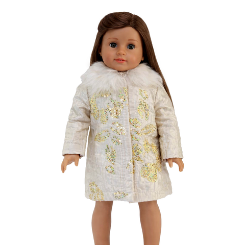 An 18" Doll wearing a white coat with gold floral patterns