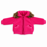 Pink fleece jacket with faux fur trim and rhinestone pocket details for 18-inch doll.