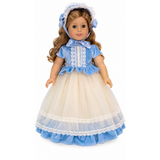 An 18-inch doll with long, wavy light-brown hair, wearing a blue-and-cream tulle dress with lace trim and a blue bonnet, photographed on a plain white background.