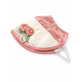 A pink and cream bonnet featuring a satin pink border, a cream mesh center, white lace trim, and a decorative fabric rose with green leaves on the front. Fits an 18-inch doll