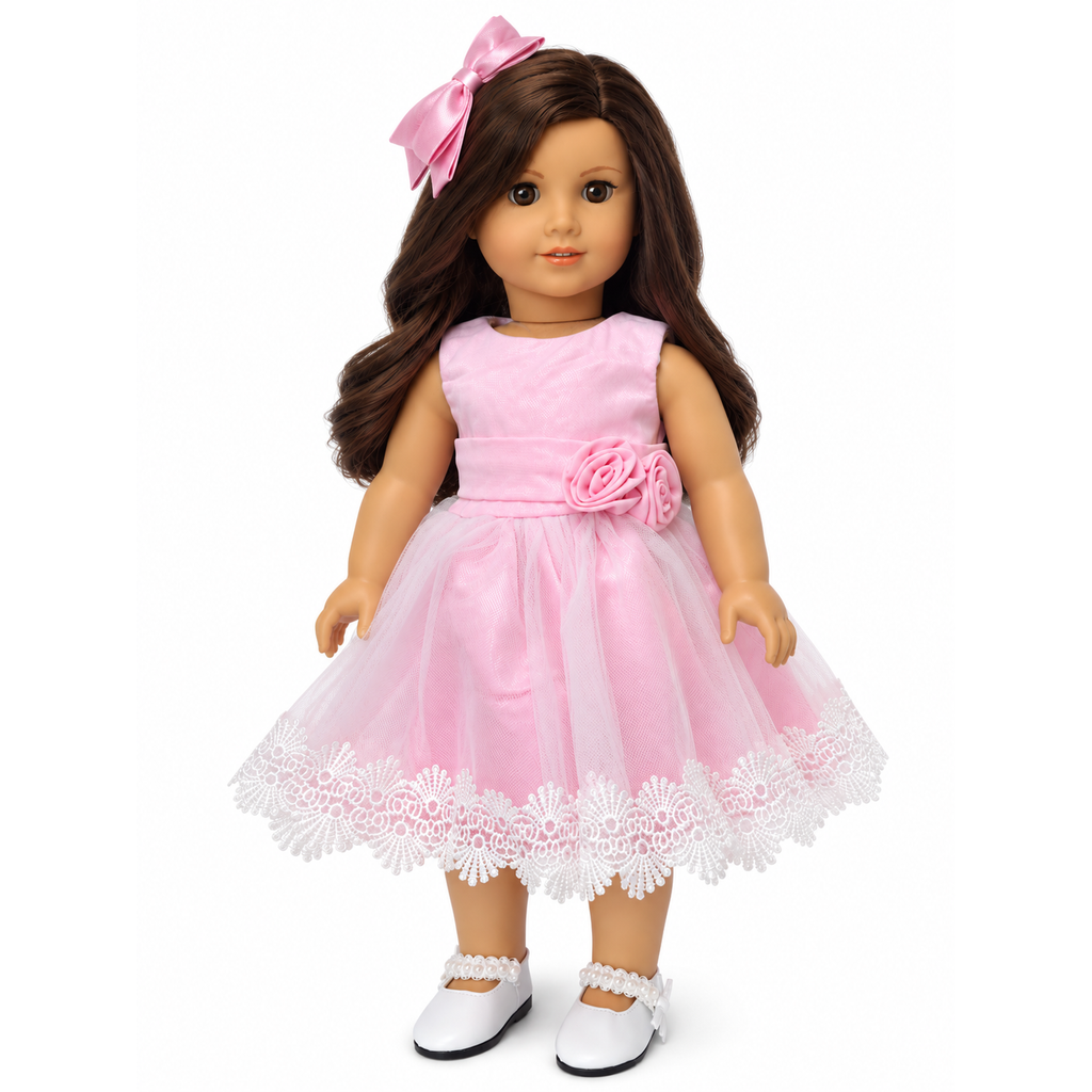 18-inch doll wearing pink party dress with layered tulle skirt, white lace trim, fabric roses, and matching pink hair bow