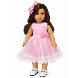 18-inch doll wearing pink party dress with layered tulle skirt, white lace trim, fabric roses, and matching pink hair bow