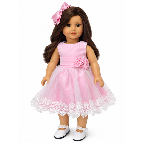 18-inch doll wearing pink party dress with layered tulle skirt, white lace trim, fabric roses, and matching pink hair bow