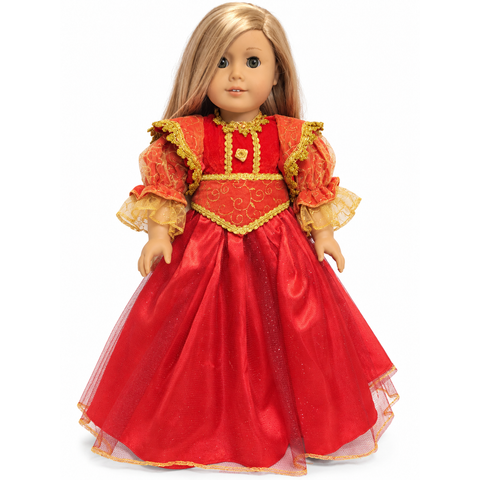 Red and gold Russian style dress with jacket and decorative waistband for 18-inch dolls