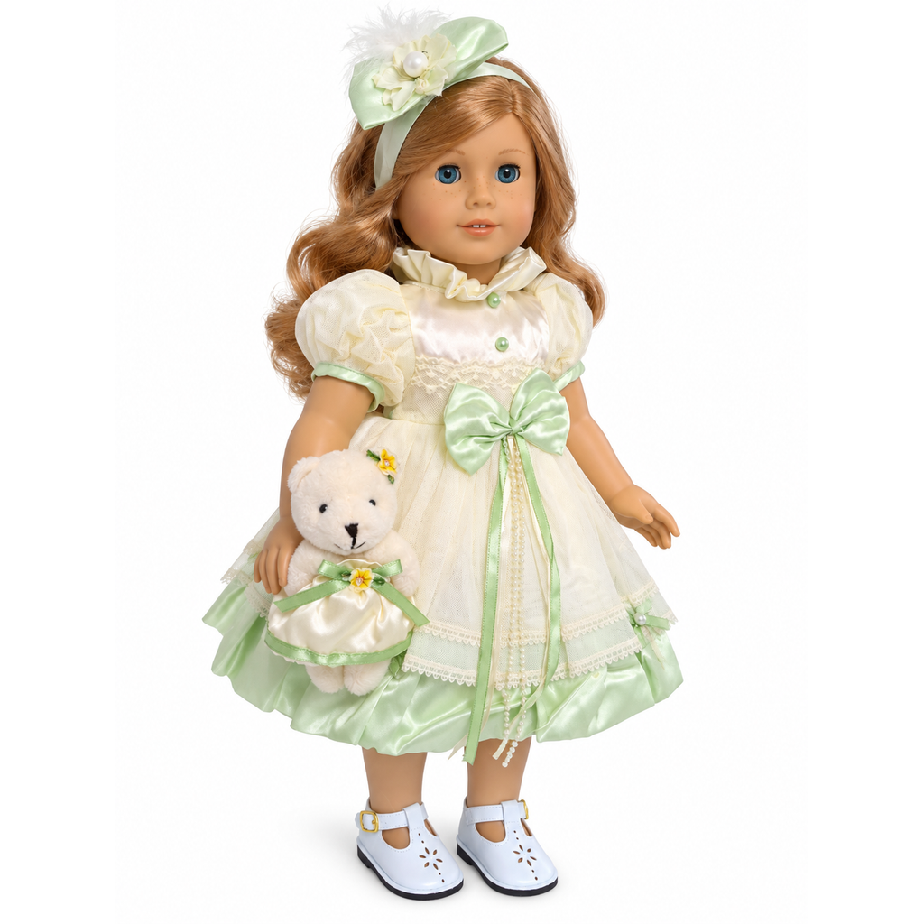 18-inch doll wearing a yellow and green silk dress with tulle, satin bow, pearl detailing, floral headband, and matching teddy bear.