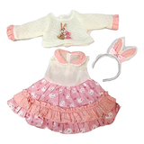 Easter bunny 3-piece dress set for 18-inch doll with dress, sweater, and bunny ears headband.