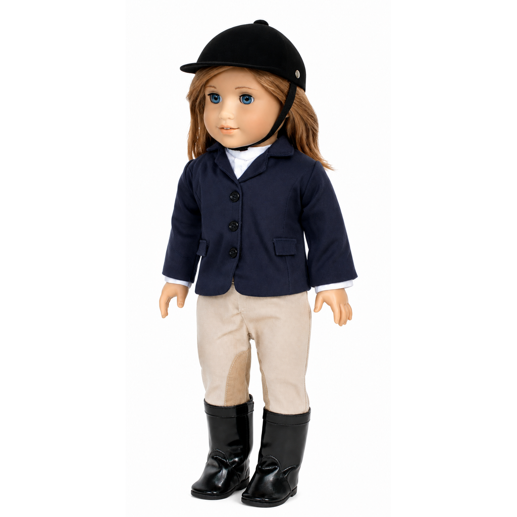 An18-inch doll wearing a navy blue riding jacket, beige breeches, black riding boots, and a black riding helmet against a plain white background.