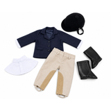 An equestrian outfit for 18-inch dolls set laid out on a white background, including a navy blue jacket with white cuffs, beige breeches with tan knee patches, a black riding helmet, a white skirt, and black boots.