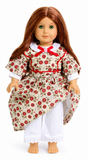 18-inch doll wearing a colonial-inspired floral dress with a white Peter Pan collar, red satin bow, lace-trimmed white pantaloons, and barefoot on a white background. Perfect for American Girl-sized dolls.