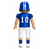 The back of an 18-inch doll wearing a blue football uniform with the number 10 